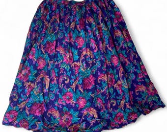 Vtg 90s Midi Jewel Tone Floral Skirt Stretch Waist Cottagecore Grandma Size S/M