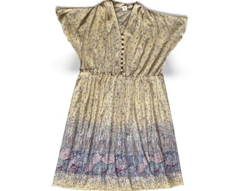Vtg 70s Handmade Floral Yellow Dress Never Worn Womens Size M/L Boho Cottagecore