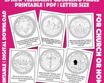 May include: A collection of printable coloring pages from the Jesus Storybook Bible, featuring 23 New Testament scenes. The pages are black and white line drawings with text, suitable for church or home use. The text includes "Printable | Digital Download".