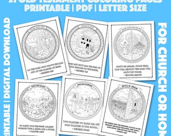 May include: A collection of printable coloring pages featuring scenes from the Old Testament of the Bible. The pages are black and white line drawings with text, including titles like "Adam and Eve" and "David and Goliath." The text at the top reads "Jesus Storybook Bible."