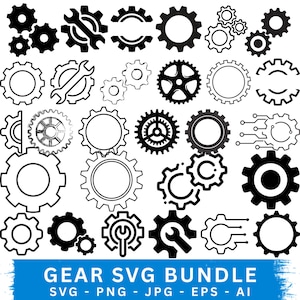 May include: A collection of black gear SVG designs in various styles, including solid, outlined, and with wrenches. The image includes the text "GEAR SVG BUNDLE" with file type indicators: SVG, PNG, JPG, EPS, and AI.