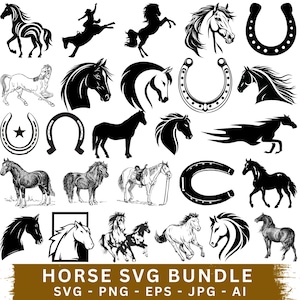 Può includere: Una collezione di grafiche SVG a tema cavallo, tra cui silhouette, illustrazioni dettagliate e disegni di ferri di cavallo. Le immagini presentano cavalli in diverse pose, come al galoppo, impennati e in piedi. Il testo "HORSE SVG BUNDLE" è visualizzato in basso.
