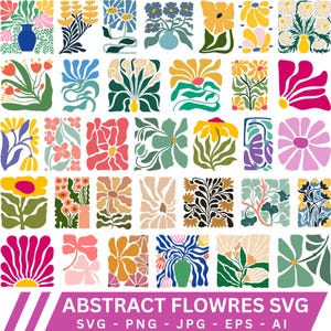 May include: A collection of colorful, abstract floral designs in various shapes and sizes. The designs feature a variety of flowers in shades of pink, yellow, blue, and green. The text "ABSTRACT FLOWERS SVG" is displayed at the bottom.