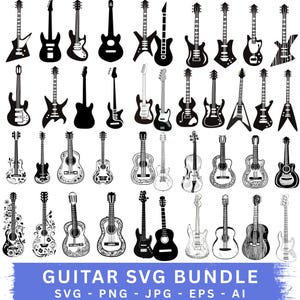 Könnte beinhalten: Eine Sammlung verschiedener Gitarrendesigns in Schwarz und Weiß, darunter E-Gitarren, Akustikgitarren und Bässe. Das Bild enthält auch den Text "GUITAR SVG BUNDLE" mit Dateitypoptionen.