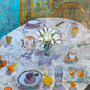 Original Art Oil Encaustic Painting Still Life Wall Decor