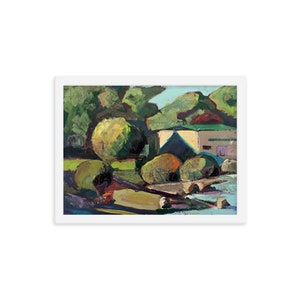 May include: Oil painting of a landscape scene with a white frame. The artwork depicts a building with a green roof, surrounded by green trees and bushes. The painting uses a palette of greens, blues, and browns.