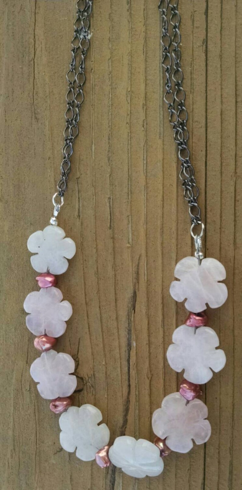 Floral Rose Quartz Freshwater Pearl Necklace