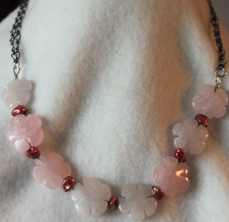 Floral Rose Quartz Freshwater Pearl Necklace