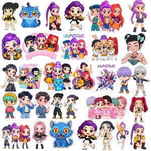 Puede incluir: Una colección de pegatinas de dibujos animados coloridos con varios personajes y el texto "HUNTRX". Las pegatinas muestran varias poses y atuendos, con un enfoque en colores vibrantes y diseños detallados. Incluye un gato azul.
