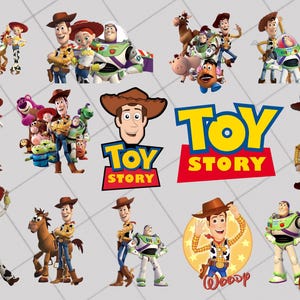 May include: A collection of images featuring characters from the animated film "Toy Story." The images include Woody, Buzz Lightyear, Jessie, and other characters. The "Toy Story" logo is also present.
