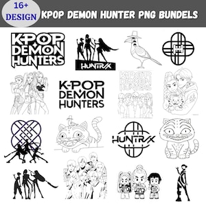 May include: A collection of black and white K-Pop Demon Hunter PNG designs. The designs include text, illustrations of people, animals, and abstract shapes. The text includes "K-Pop Demon Hunters" and "Huntrax".