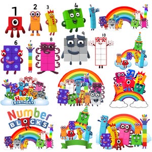 May include: Colorful Numberblocks characters, including numbers 1 through 10, are featured in this image. The characters are in various colors and designs, with some holding hands and others standing alone. Rainbows and the words "Happy Birthday" are also present.