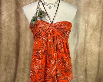 Vintage Y2K Boho Halter Babydoll Top Peacock Feather Strap Floral Orange Summer