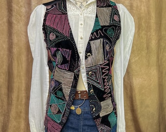 Vintage Velour Geometric Vest 90s Metallic Multicolor Patchwork Steampunk Retro