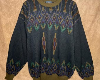 Vintage Grandpa Sweater 90s Southwestern Argyle Knit Multicolor Grunge Western