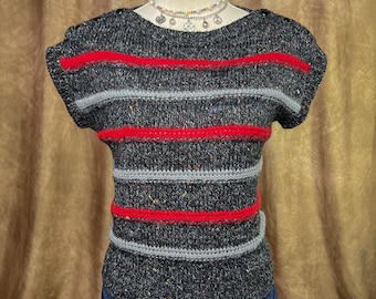 Vintage Sleeveless Sweater 80s Knit Striped Gray Red Acrylic Skater Academia