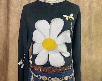 Vintage Daisy Sweater 90s Floral Bumble Bee Knit Black Garden Retro Boho Mod