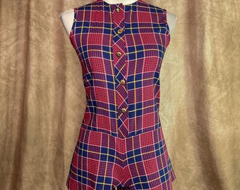 Vintage Plaid Romper 60s Playsuit Shorts One Piece Sleeveless Retro Rockabilly