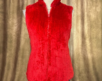 Vintage Faux Fur Vest 60s Red Leather Sleeveless Zip Up Retro Euro Ski Moto