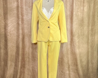 Vintage 70s Yellow Polyester Pant Suit Two Piece Retro Disco Mid Century Formal