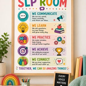 May include: A framed educational poster titled Welcome to My SLP Room with five colourful sections detailing communication, learning, practice, achievement, and connection. The text includes We Communicate, We Learn, We Practice, We Achieve, We Connect, and Together, We Can Do Amazing Things.