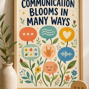 May include: A framed wall art print with a cream background featuring the text "COMMUNICATION BLOOMS IN MANY WAYS" in dark blue. The design includes colourful speech bubbles shaped like flowers, displaying icons for speech, sign language, and symbols.