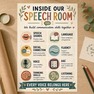 Op de afbeelding: Een rechthoekige educatieve poster met de titel INSIDE OUR SPEECH ROOM en de ondertitel We build communication skills together. Het bevat acht ronde iconen met labels voor spraakklanken, taal, sociale verbinding, vloeiendheid, stem, AAC, denkvaardigheden en luisteren. De onderste banner luidt EVERY VOICE BELONGS HERE.