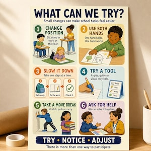 May include: An educational poster titled WHAT CAN WE TRY? featuring six numbered sections with illustrations and text explaining strategies for school tasks, including changing positions, using both hands, slowing down, using tools, taking breaks, and asking for help.