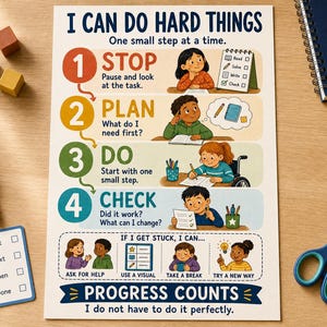 May include: A rectangular educational poster titled I CAN DO HARD THINGS with four numbered steps: 1 STOP, 2 PLAN, 3 DO, and 4 CHECK. It features illustrations of children performing tasks, a section titled IF I GET STUCK, I CAN, and PROGRESS COUNTS.