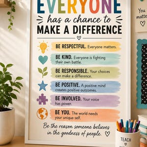 Everyone Has a Chance to Make a Difference Inspirational Classroom Poster Teacher Office Decor Kindness Wall Art