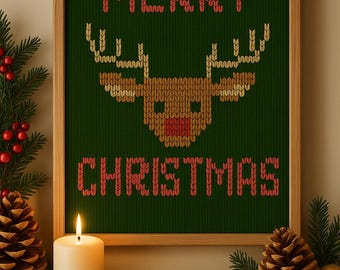 Ugly Sweater Weihnachten Wandbild: Frohe Weihnachten Rentier gestrickt (Digitaler Download)