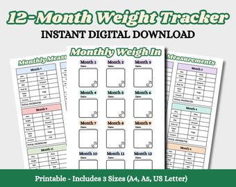 12-Monats-Gewichtstracker Printable | Körper-Maßtabelle | Fitness Fortschritt PDF (A4 A5 Letter)