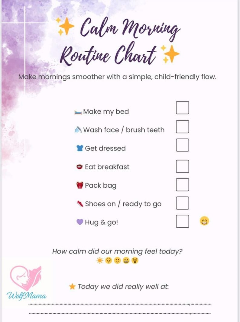 Calm Morning Routine Chart | Printable Kids & Family Morning Checklist ...