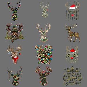 May include: A collection of Christmas-themed deer designs. Each deer is depicted with camouflage patterns, some adorned with festive lights, Santa hats, and ornaments. The designs vary in style, from detailed illustrations to more abstract representations.