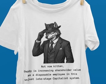 Grappig wolfshirt, T-shirt over het laatkapitalisme, sarcastisch furry meme-T-shirt, stijlvolle wolf met fedora, grappig cadeau voor weebs met kittens