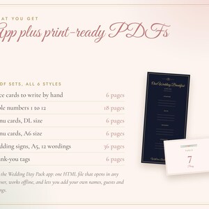 May include: A digital stationery set featuring a dark blue menu card with gold text reading Our Wedding Breakfast and a white table number card with the number 7. The text lists 6 PDF sets including place cards, table numbers, and menu cards.