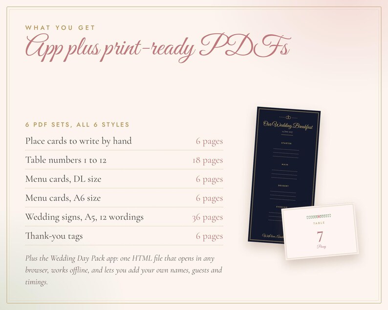 May include: A digital stationery set featuring a dark blue menu card with gold text reading Our Wedding Breakfast and a white table number card with the number 7. The text lists 6 PDF sets including place cards, table numbers, and menu cards.