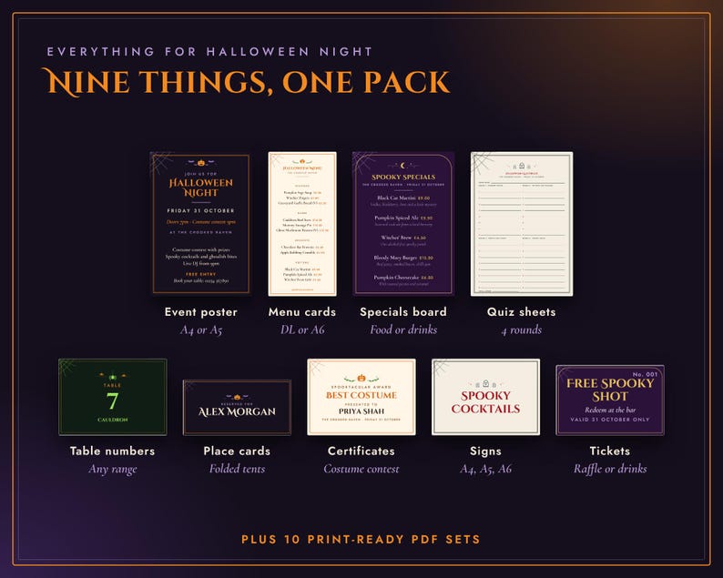 Halloween Pub Restaurant Printable Pack, Menu, Poster, Quiz Night, Table Numbers, Tickets, Signs, 6 Designs, Instant Download image 2