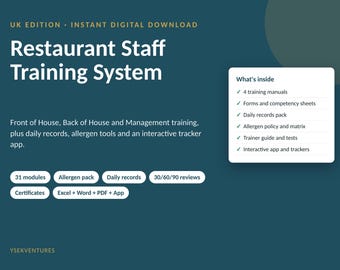 Restaurant Staff Training System UK | Manuals, Allergen Pack, Daily Records, Competency Forms, Excel Trackers