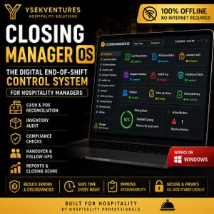 May include: A laptop displaying the Closing Manager OS software interface, featuring a dark dashboard with colorful status icons for cash reconciliation, inventory audits, and compliance checks, alongside text detailing hospitality control system features.
