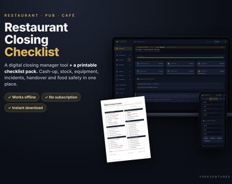 Restaurant Closing Manager Tool | Digital Checklist + Printable Pack (Offline)