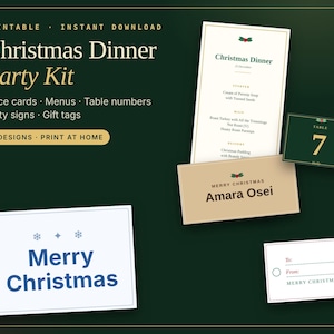 Christmas Dinner Party Kit, Printable Place Cards, Menu, Table Numbers, Signs, Gift Tags (Instant Download) image 1