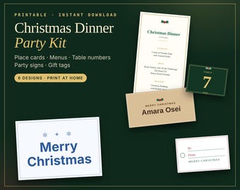 Christmas Dinner Party Kit, Printable Place Cards, Menu, Table Numbers, Signs, Gift Tags (Instant Download)