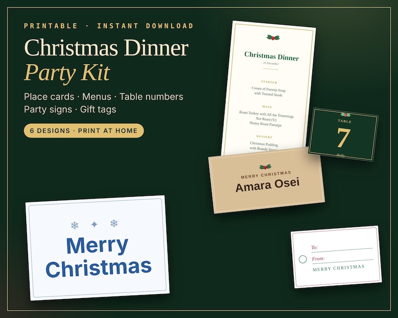Christmas Dinner Party Kit, Printable Place Cards, Menu, Table Numbers, Signs, Gift Tags (Instant Download) image 1