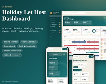 UK Holiday Let Host Dashboard & Document Pack, Booking Tracker, Cleaning Checklist (Digital Download)