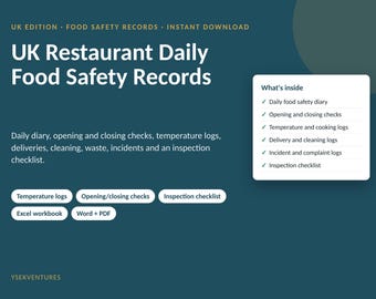 UK Restaurant Food Safety Records | Daily Logs, Checks, Inspection Checklist (Editable Word PDF Excel)