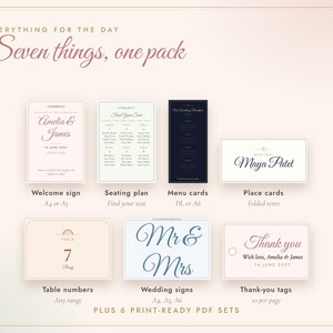 May include: A digital wedding stationery set featuring seven items: a welcome sign, seating plan, menu card, place card, table number, wedding sign, and thank-you tag. The designs include text like Amelia & James, Maya Patel, and Mr & Mrs.