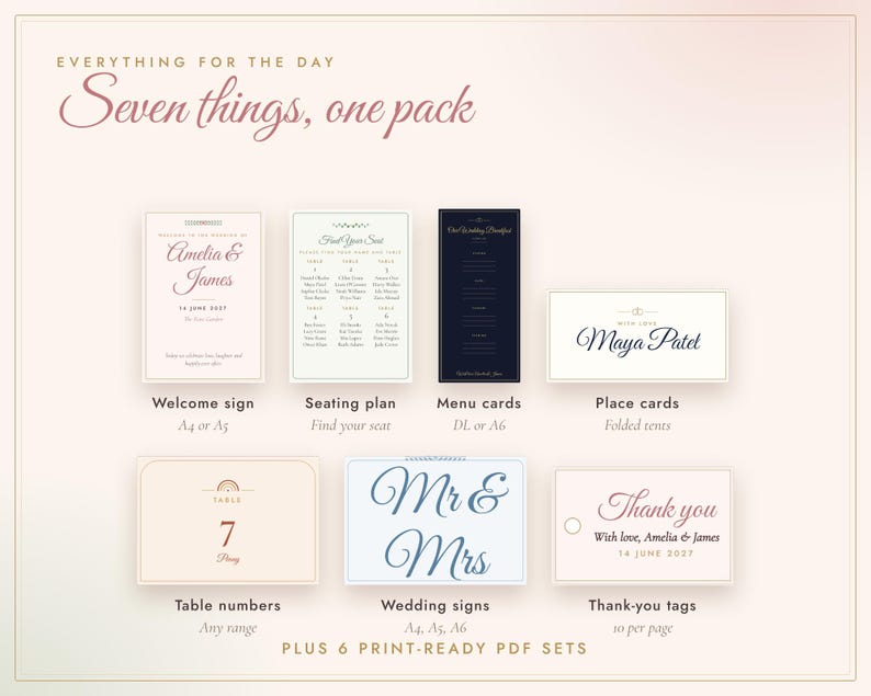 May include: A digital wedding stationery set featuring seven items: a welcome sign, seating plan, menu card, place card, table number, wedding sign, and thank-you tag. The designs include text like Amelia & James, Maya Patel, and Mr & Mrs.