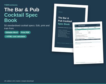 Edytowalna książka ze specyfikacjami barowymi | 50 przepisów na koktajle, świąteczne dania (Word, PDF)