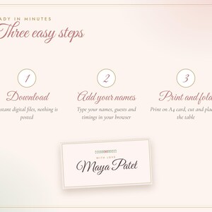 May include: A digital instruction graphic titled Ready in Minutes Three easy steps. It outlines three numbered circles: 1 Download, 2 Add your names, 3 Print and fold. Below is a sample rectangular place card with the text With Love Maya Patel.